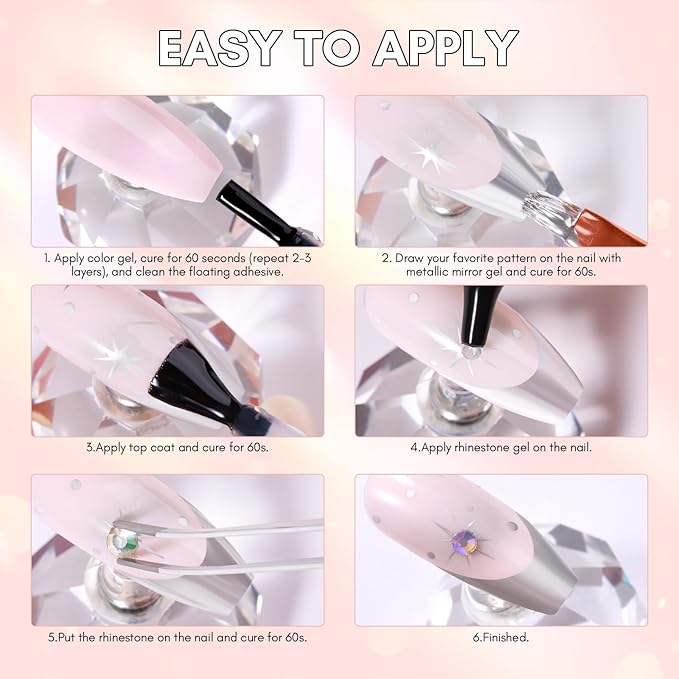 Makartt Nail Rhinestone Glue with Chrome Gel Kit, Super Strong Glue with Silver Metallic Painting Gel Polish Set for 3D Nails Art Decoration Manicure(30ML+8ML)