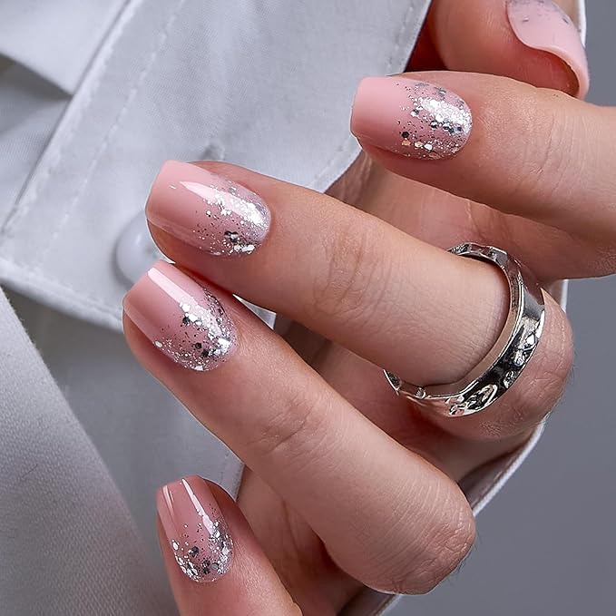 CurvLife Soft Gel Short Press On Nails Square, Long-Lasting Reusable Fake Nails Kit with Glue & Tabs, 30pcs Salon-Quality Stick On Nails for Women At-Home Manicure (Nude Spark)