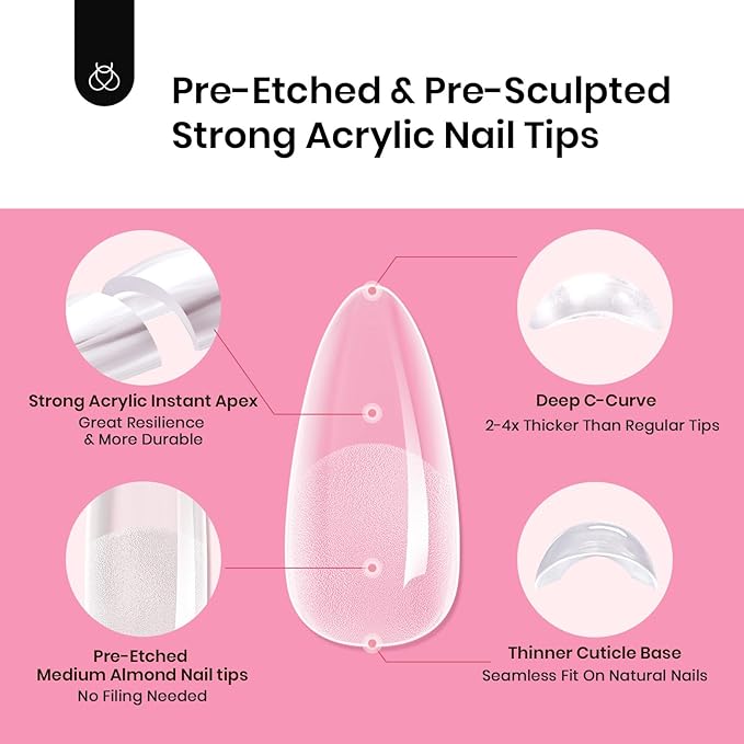 Beetles Tipex Gel Nail Kit, Medium Almond Nail Tips 224 Pcs 16 Sizes Pre-Building Pre-Etched False Nail Tips with Tipex Nail Glue, Mini Nail Lamp Thick Acrylic Nail Set