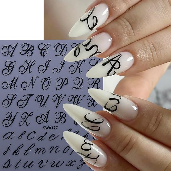 8 Sheets Letter Nail Stickers for Nail Art Retro English Letter Nail Art Stickers 3D Self-Adhesive Red Blue Gold Black Retro English Pattern Old Alphabet Cursive Design Letter Nail Decals for Acrylic
