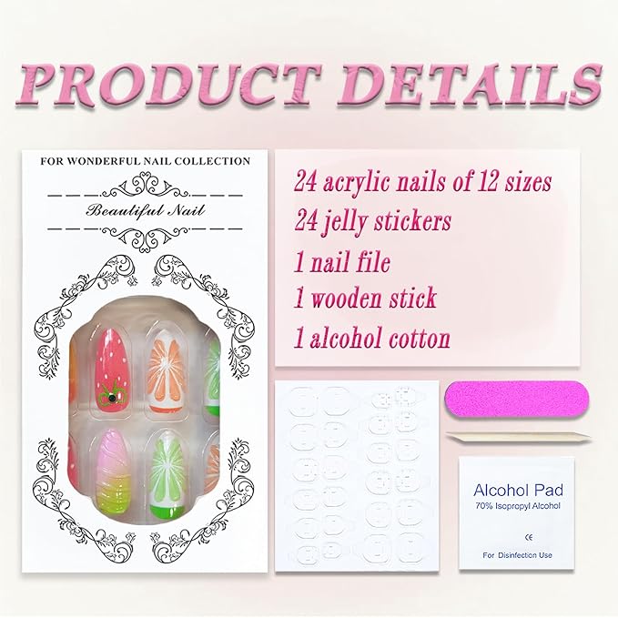 Medium Almond Press on Nails MABKJLF French Tip Fake Nails 3D False Nails with Strawberry Flower Rhinestones Designs Cute Glossy Glue on Nails Summer Stick on Nails for Women Girls 24Pcs