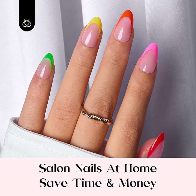 Beetles Summer Press On Nails 224 Pcs 7 Colors, French Tip Nails Short Almond Classic Fake Nail Tips, Rainbow Soft Gel Nails False Nails Art DIY For Women