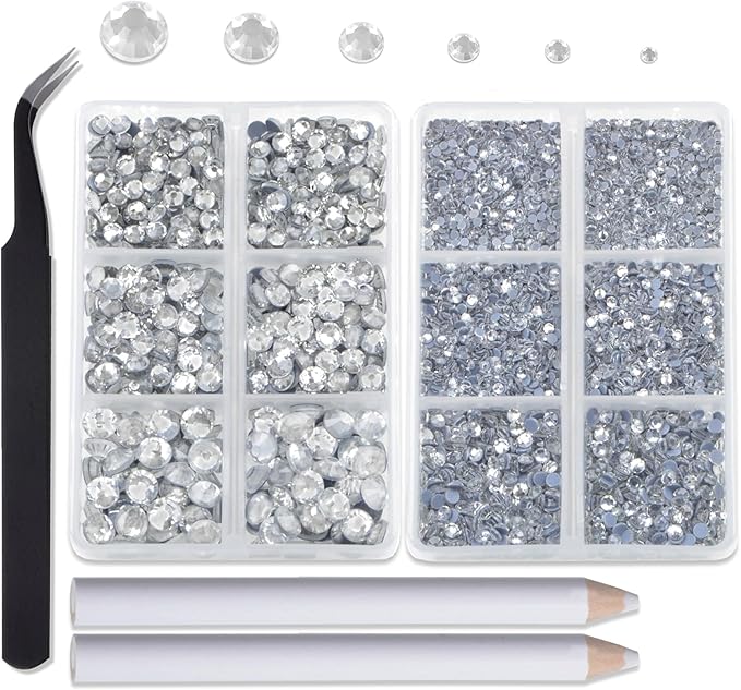 8000pcs Hotfix Rhinestones Flatback,Rhinestones for Crafts Clothes Mixed 6 Sizes, Hotfix Crystals with Wax Pencil Kit, SS4-SS30,Clear Crystal