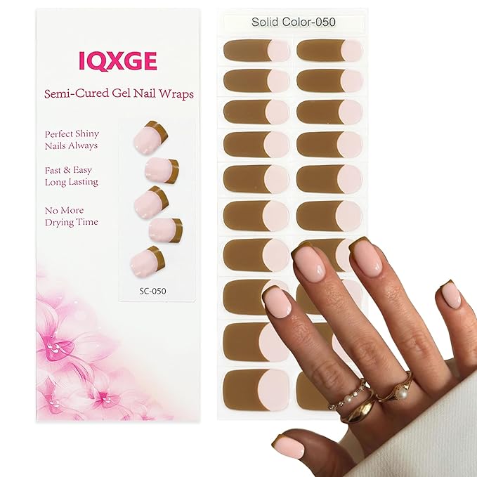Clear Semi Cured Gel Nail Strips French Tip 20Pcs Olive Brown UV Gel Nail Stickers Glossy Nails Polish Strips UV/LED Light Needed Self Adhesive Full Polish Nails Wraps for Women
