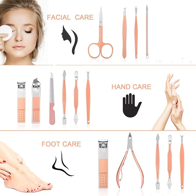 Professional Manicure Pedicure Set 12in1 Nail Care Kit with Stainless Steel Nail Clippers Cuticle Trimmer Grooming Manicure Pedicure Tools for Women Ultra Sharp Sturdy Personal Care Tools Travel Case