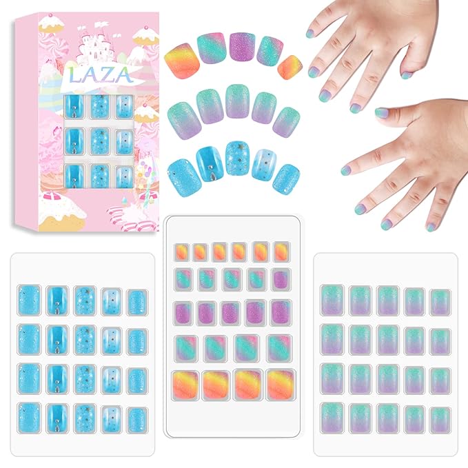 Laza 64pcs Children Nails Press On Pre-glue Full Cover Rainbow Gradient Silver Glitter Diamond Short False Nail Kits for Kids Teenager Girls - Colorful Stars