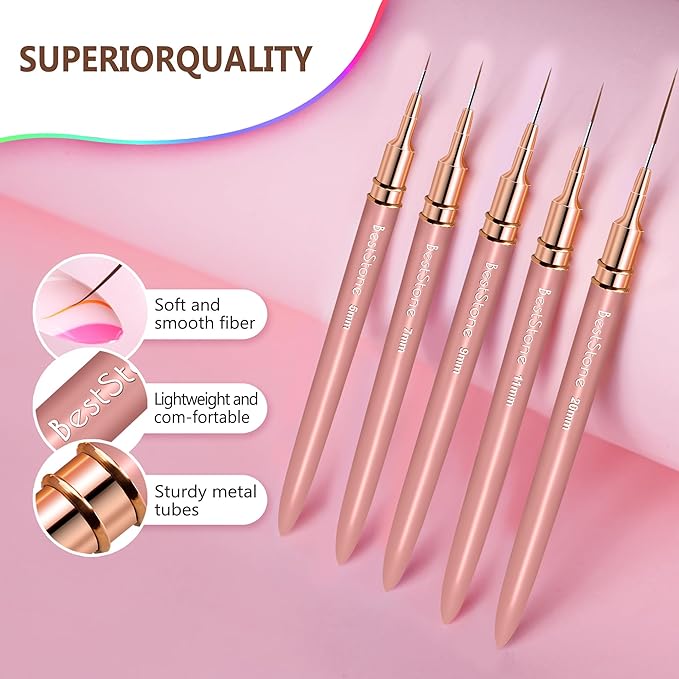 Nail Art Liner Brushes, 5Pcs Professional Gel Polish Painting Art Design Pen Set for Long Lines, Thin Details, Fine Drawing Sizes 5/7/9/11/20mm Nail Art Design Gift for Women(Champagne Gold)