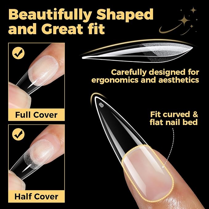 UNA GELLA Long Stiletto Gel Nail Tips, 600Pcs Pre Etched Long Stiletto Almond Nail Tips Clear Fake Nails Press on Nails No C Curve for DIY Art Salon at Home 12 Sizes