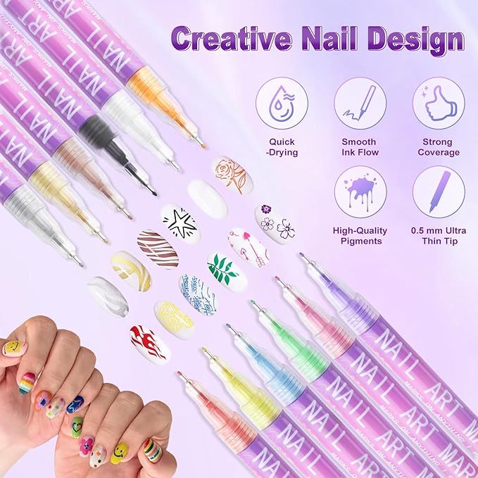 12 Colors Nail Art Pens, 0.5MM Fine Tip Nail Art Markers, Quick-Drying 3D Nail Polish Pens for DIY Nail Art Design, Drawing Painting Dotting Liner Doodle Manicure Tools Home & Salon
