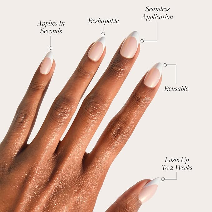 Glamnetic x GLAMZILLA Press On Nails - GIVE 'EM GRACE | Short Almond Fake French Tip Nails with Gold Glaze, Salon Quality, Everyday| 15 Sizes - 30 Nail Kit with Glue