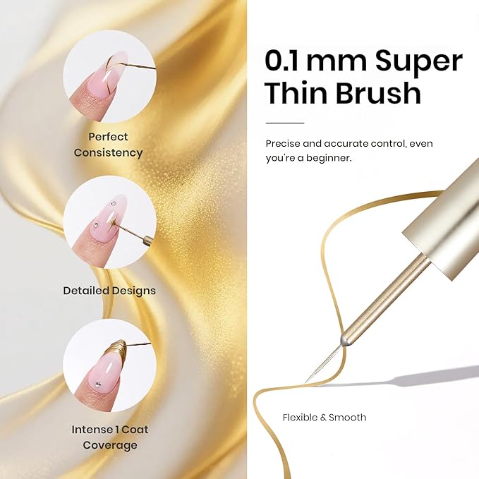 Beetles Gel Liner Nail Polish Set Metallic Silver Gold 2pcs Gel Nail Polish Art Chrome 3D High-Gloss Effect for Nail Paint Design with Thin Brush DIY French Manicure Gifts for Women