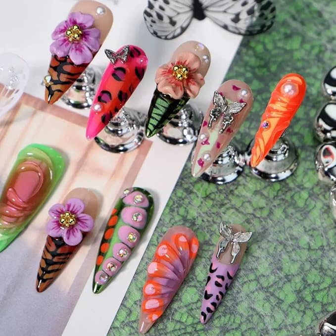3D Floral Butterfly Press on Nails Long Stiletto Fake Nails Pure Hand-Painted Nail Animal Print with Design Coloful Stick on Nail Exquisite False Nail for Women Spring Manicure (M)