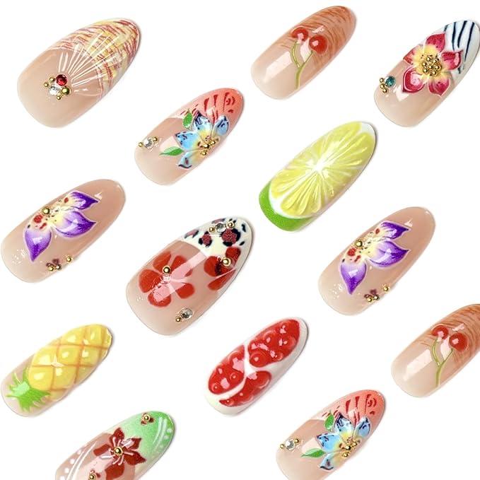 30Pcs Handmade Press on Nails Medium Almond Fake Nails French Tip False Nails with 3D Gold Beads Unique Flower Fruit Designs Petal Glossy Glue on Nail Reusable Acrylic Nails for Women