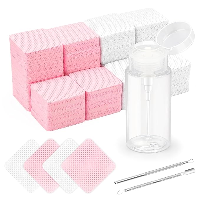 1080 + 3 Pcs Lint Free Nail Wipes Kit, Disposable Nail Polish Remover Pads Non-Woven Nails Eyelash Extensions Wipes, Nail Polish Remover Wipes with 200 ML Bottle, 2 Pcs Cuticle Pusher (Pink+white)