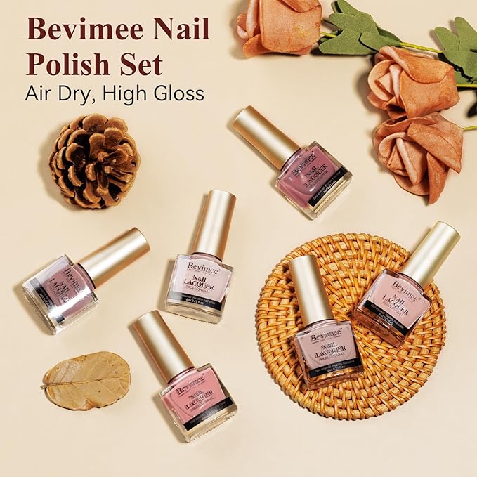 Pink Quick Dry Nail Polish Set 6 Colors Vegan Nail Lacquer Nude Brown Air Dry Glitter Fingernail Polish Regular Neutral Wedding Color Non Gel DIY Salon Valentine's Day Gift for Women
