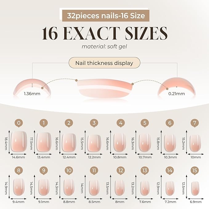 UNA GELLA Press On Nails Short Square : Ombre Soft Gel Press Ons Kit with Nail Glue Adhesive Tabs Nail File, 16 Sizes - 32Pcs Reusable Fake Nails, Nude Cream, Women Gift
