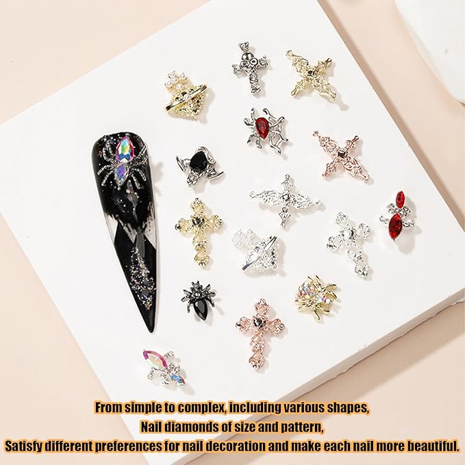 Halloween Nail Charms,68pcs Ghost Head Spider Cross Nail Gems with Rhinestones,Retro Skeleton Planet Crosses Gold Silver Alloy Nail Art Jewelry Decoration for DIY Halloween Nail Design Crafts