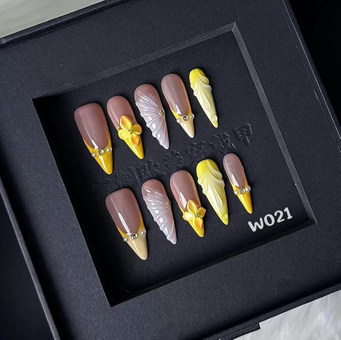 100% 5D Handmade Press on Nails with Charms Long Stiletto Nails Press ons- Waterdrop False Nails Ombre Orange Yellow Press on Nails Summer Fake Nails for Women Girls Daily Wear DIY Manicure Size M