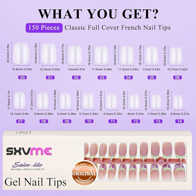 Gel French Tip Nails Medium Square French Tip Press on Nails SXVME White French Nail Tips 150Pcs Pre-applied Tip Primer Natural Skin Tones Fake Nails Extensions Gel Nail Kit for Women Girls DIY