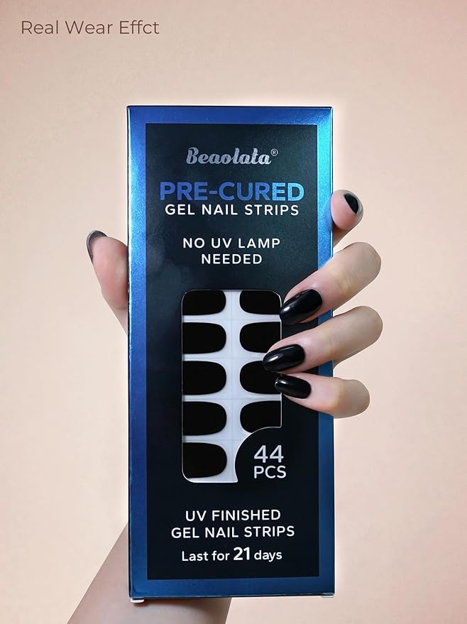 Pre Cured Gel Nail Strips - 44PCS Salon Quality Gel Nail Stickers - Long Lasting Polish Wraps for Women no UV Light Needed Easy Apply& Remove (Obsidian Black)