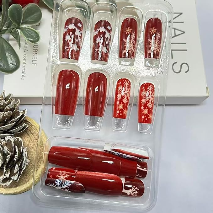 Christmas Press on Nails Medium Square Fake Nails with Snowflake Elk Designs Red Xmas False Nails Winter Stick on Nail for Women 24 Pcs