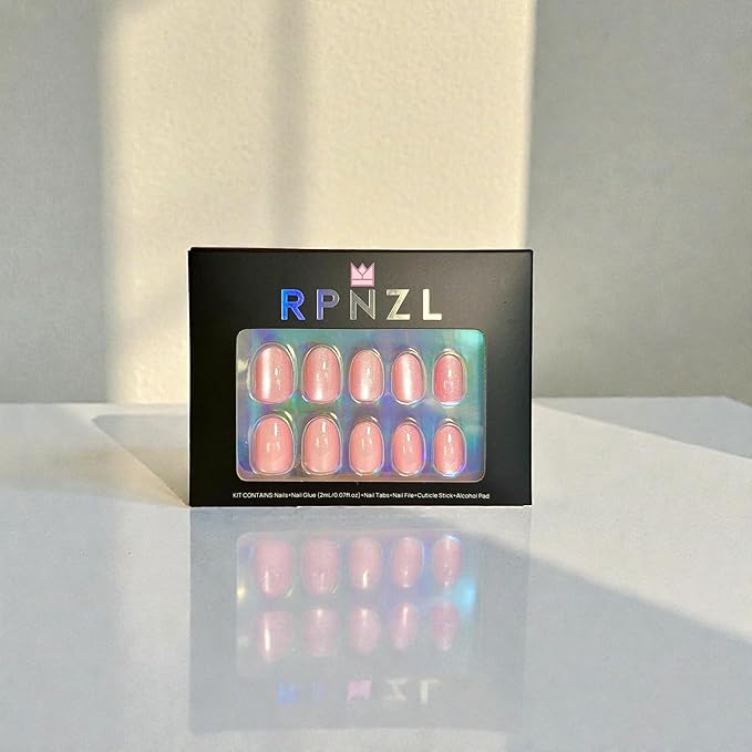 Press On Nails - Blush | Short Oval Light Pink Cat Eye, UV Finish Almond Nails, Salon Quality | 32 Nails, 16 Sizes Kit with Glue and Adhesive Tabs I Female Founded