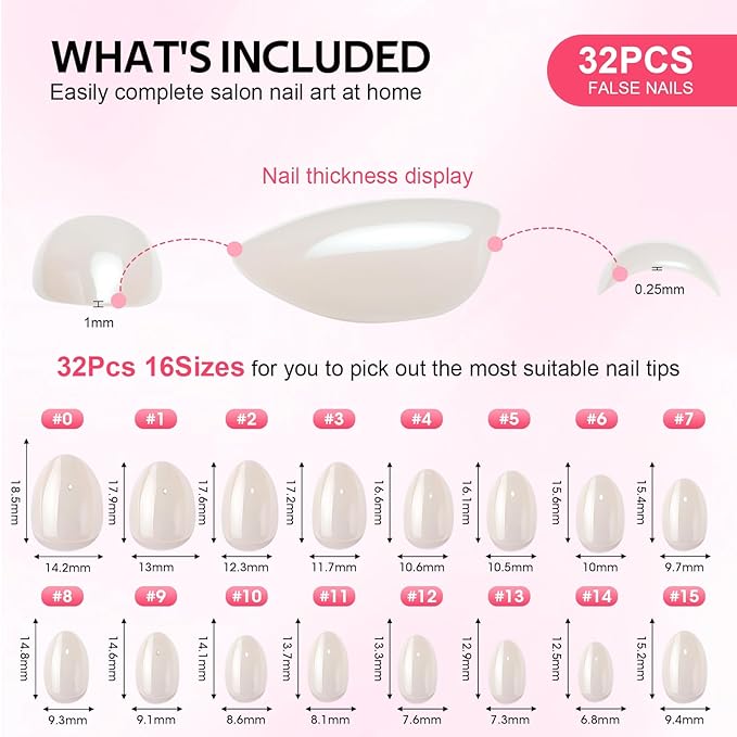 Press On Nails Short - Findigit Press On Nail, Short Almond Fake Nail White with Nail Glue, Fit Perfectly Natural Reusable Stick On Nails in 16 Sizes - 32 Glue On Nail Kit, Almond Glossy