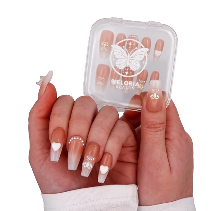3D Handmade Press On Nails, Long White & Nude Pink Coffin Shaped w/Rhinestones, Hearts & Gummy Bears, Acrylic, Gel, Reuseable Kit, For Women Daily Wear Special Occasion (Beary Sweet)