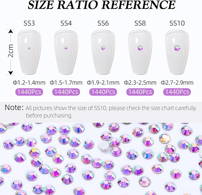 Crystal AB Flatback Rhinestones, Glass Rhinestones for Nail Art and Craft, Glue Fix, Loose Crystal Gemstones(Crystal AB, SS10, 1440pcs, 2.7-2.8mm)