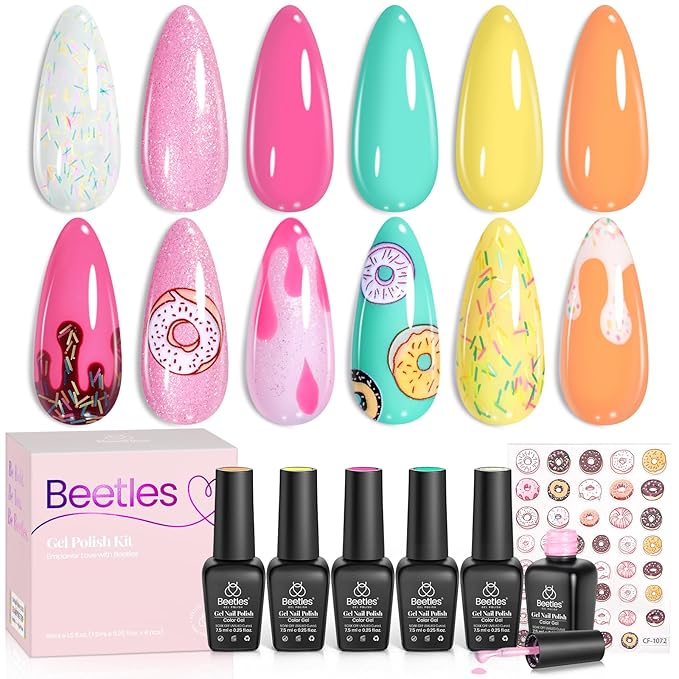Beetles Gel Nail Polish Set, Orange Yellow Pink Turquoise Green Glitter Soak Off UV LED Gel Polish Summer Ice Cream Theme for DIY & Professional Manicure