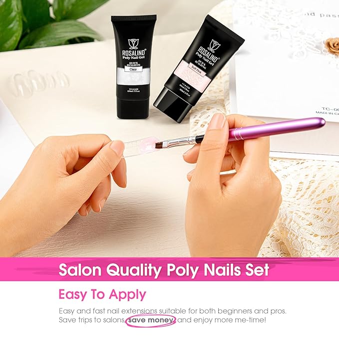 ROSALIND Pink Acrylic Poly Extension Gel, 2 PCS 2oz/60ml Poly Nail Gel kit for Clear Nail Art Decoration, Builder Clear Gel Thickening Tube Easy to DIY Use Need UV Lamp