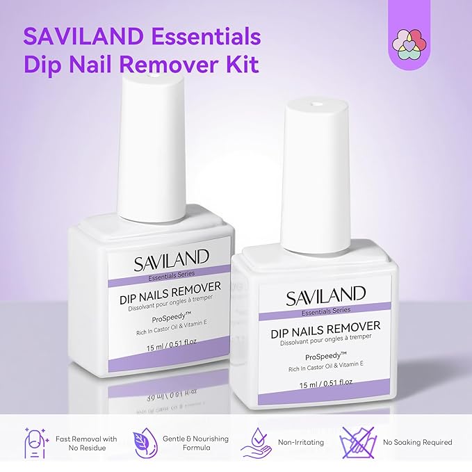 SAVILAND Essentials Dip Nail Remover Kit: 2Pcs Dip Powder Removal Gentle Easy Remove Dip Nails With Cuticle Oil Nail File Gel Remover No Soaking Wrapping Home Use 15ml