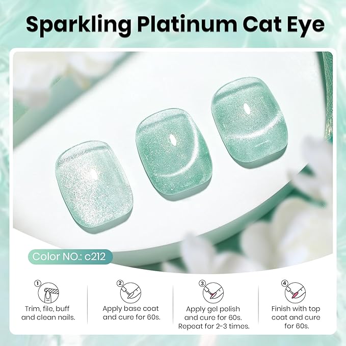Beetles Green Cat Eye Gel Polish, 15ML Mint Green Cat Eye Glitter Gel Polish with Magnet Soak Off UV Shimmer Velvet Gel Mint Stardust Series French Nail Art Design Manicure Gifts for Women