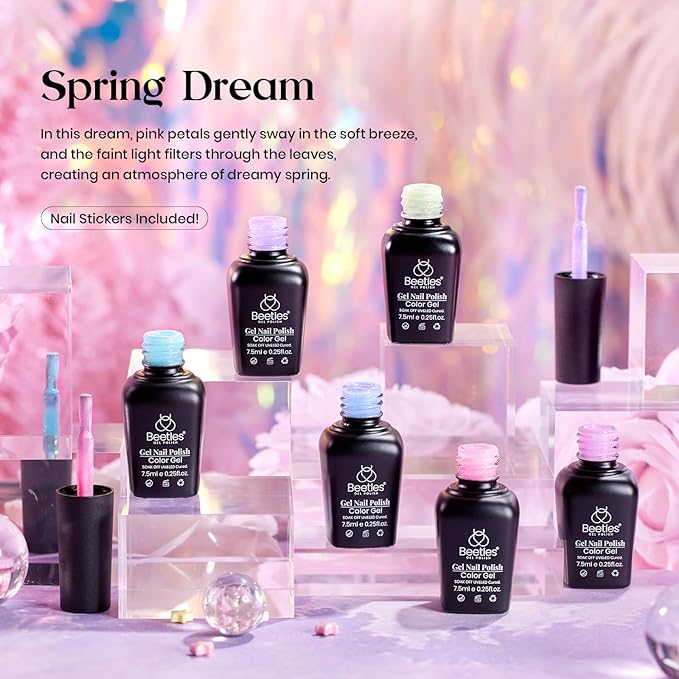 Beetles Spring Gel Nail Polish Set - 6 Colors Shimmer Pink Green Purple Glitter Blue Glitter Mermaid Pastel Nail Gel Drawing Soak Off Uv Led Needed with Pastel Sticker Gift for Women