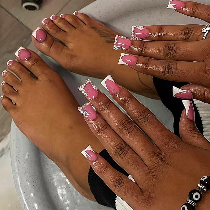 Duck Shaped Press on Nails Short & Press on Toenails Set, White French Tip Press on Nails with Rhinestone Design Glue on Nails Short Press on Toenails Full Cover Stick on Nails for Women 48Pcs