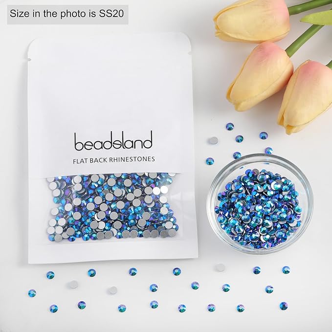 Beadsland 1440pcs Flat Back Crystal Rhinestones Round Gems for Nail Art and Craft Glue Fix, Indicolite AB, SS12, 3.0-3.2mm