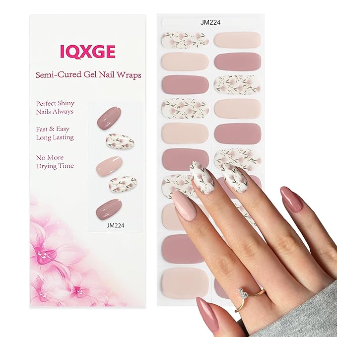 Pink Purple Semi Cured Gel Nail Strips 20Pcs Summer Flower Gel Nail Stickers UV/LED Light Needed Full Polish Self Adhesive Nails Wraps with Design Glossy Nails Polish Strips for Women