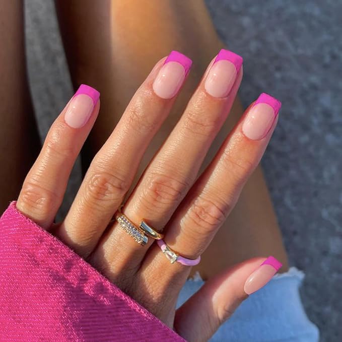 Fuchsia Semi Cured Gel Nail Strips French Tip 20Pcs Clear UV Gel Nail Stickers Glossy Hot Pink Nails Polish Strips UV/LED Light Needed Self Adhesive Full Polish Nails Wraps for Women