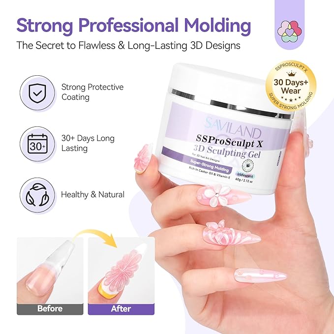 SAVILAND Pink 3D Molding Nail Sculpting Gel: 2.12 oz Solid Iridescent 3D Nail Gel for Professional Salon Use