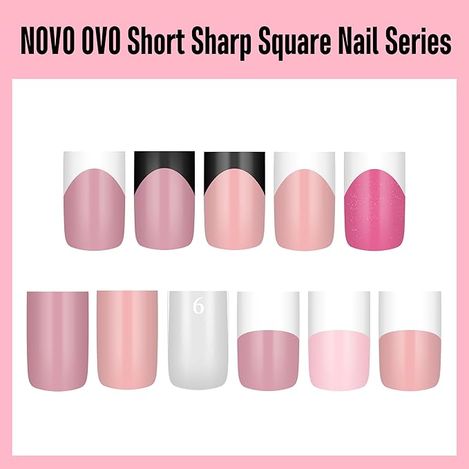 NOVO OVO Short Sharp Square Nail Tips Press on Pure Color BABY PINK, Need Builder Gel Top Coat Nail Glue, Soft Gel Matte Fake Nail Extension, Full Cover False Nails for Salon DIY x 15 Sizes 240 pcs