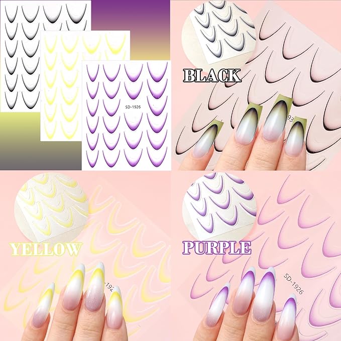 9 Sheets Colorful French Tip Nail Stickers, Gradient French Line Nail Art Stickers with Tweezer, French Tip Nail Decals 3D Self-Adhesive Nail Tips Guides for Women Manicure Decoration