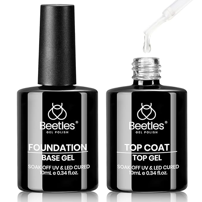 Beetles Gel Base and Top Coat Set, 2pcs 10ml Shine Finish and Long Lasting Top Coat Gel Nail Polish, Soak Off LED Nail Lamp Nail Polish Art Design Home DIY Manicure Gifts for Women