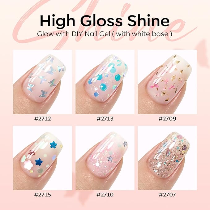 modelones Gel Nail Polish Set, 6 Colors Dried Flower Laser Butterfly Blue Pink Star Shape Ornament Glitter Gel Polish Collection with Wooden Stick All Seasons Soak Off LED Manicure DIY Gift