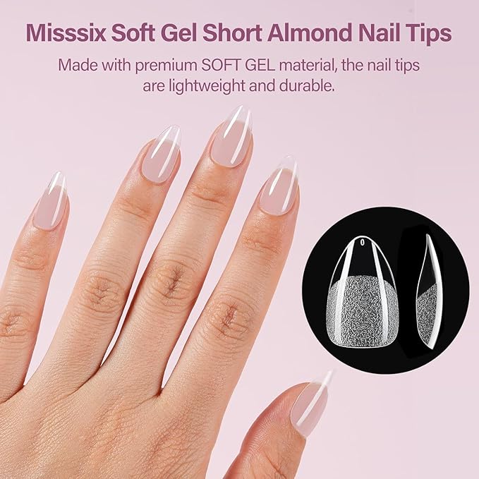 Misssix Short Almond Gel Nail Tips Kit, 360Pcs Pre Etched Clear gel x Fake Nails, Full Cover False Nail 9-in-1 Gel Glue and Portable Mini U V Nail Lamp for Women 12 Sizes