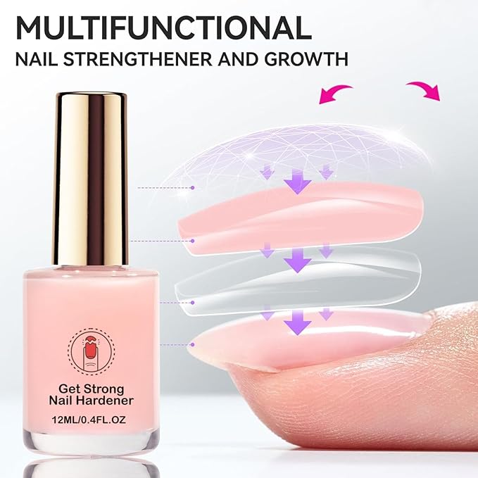 Nail Strengthener for Women, Pink Nail Hardener Extra Strong and Growth, Long-Lasting Quick Dry, Nail Strengthening Polish for Weak Brittle Splitting Damaged Nails, Enhanced Shine 12ML