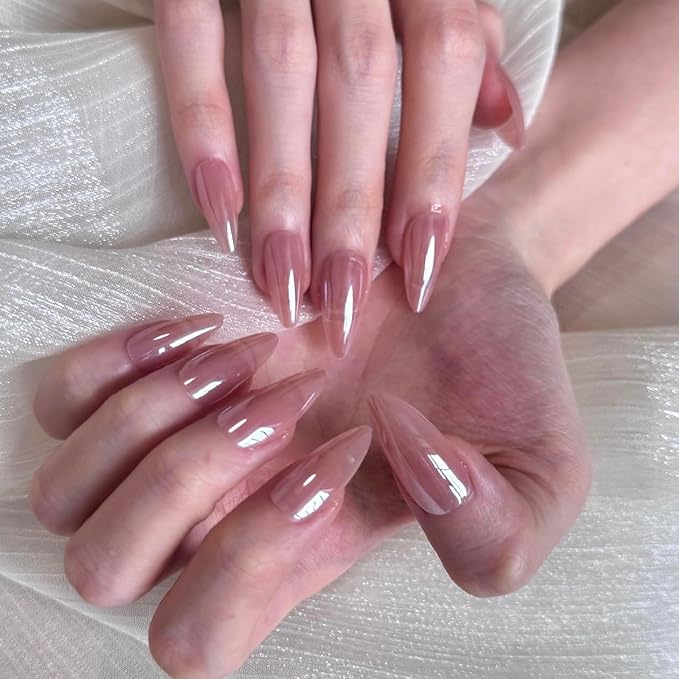 24PCS Almond Medium Press On Nails - Rose Gold Mirror Chrome & Soft Pink Ombre, High-Shine Stiletto Fake Nails for Bridal & Party Glam