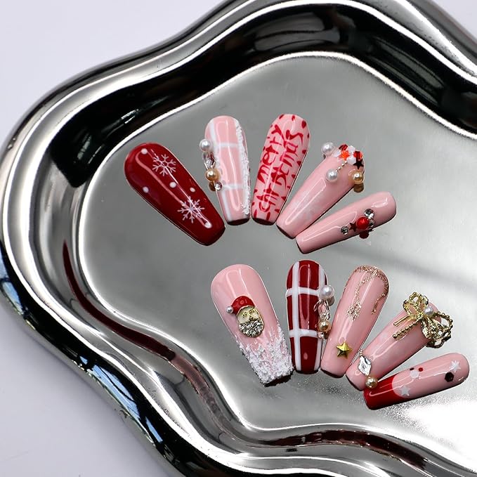 10Pcs Handmade Christmas Press on Nails Long French Tip Fake Nails with 3D Bow Pearl Design Thick Acrylic and Muti-Layer Gel False Nails Coffin Nails Press ons Christmas Glue on Nail for Women (S)