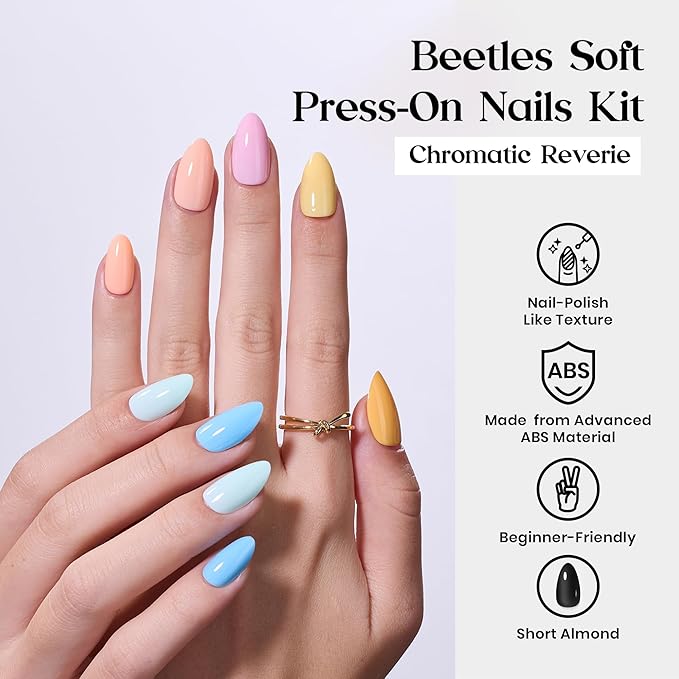Beetles Press On Nails Kit - Chromatic Reverie | 720Pcs 24 Colors Short Almond Press On Nails | 15 Sizes French Glossy Glitter With Nail Glue & Nail Tabs Stickers, Fake Nails Kit Art For Women