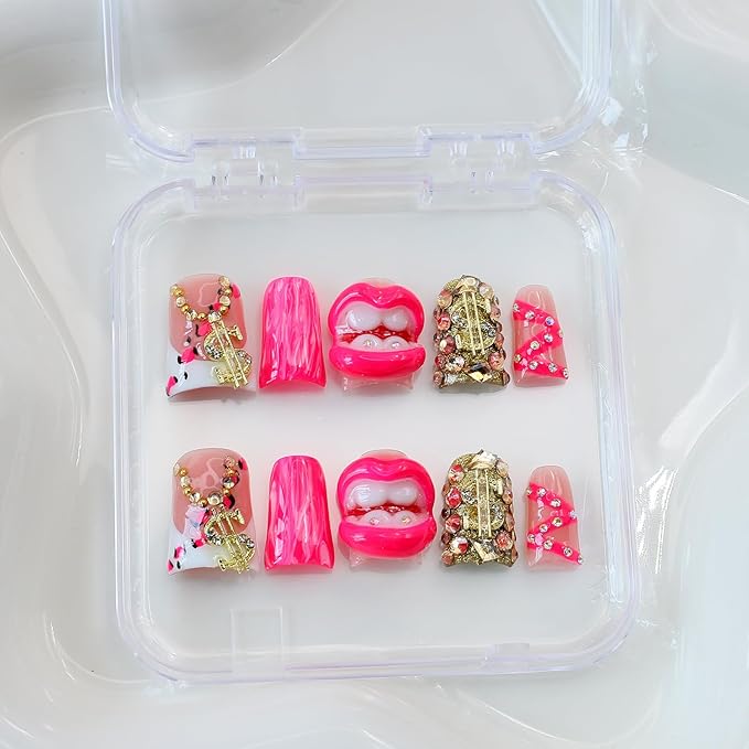 10Pcs Handmade Press on Nails Short Duck Fake Nails with 3D Flaming Red Lips Rhinestone Design Funny Multi-Layer Acrylic False Nails Handmade Duck Nails Press ons Reusable Stick on Nail for Women (S)
