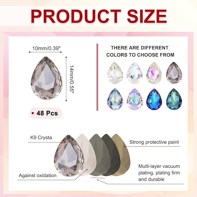 MECCANIXITY 48 Pcs 3D Teardrop Rhinestones Diamond Nail Charm Crystal Pointback K9 Glass Rhinestones Crystal Gems for Jewelry Making, Craft, 10x14mm, Dark Gray